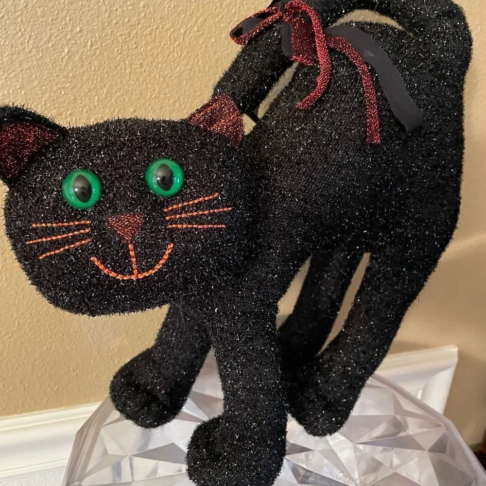 Vintage Black Cat Sparkling Green eyes Plush Free Standing Cat